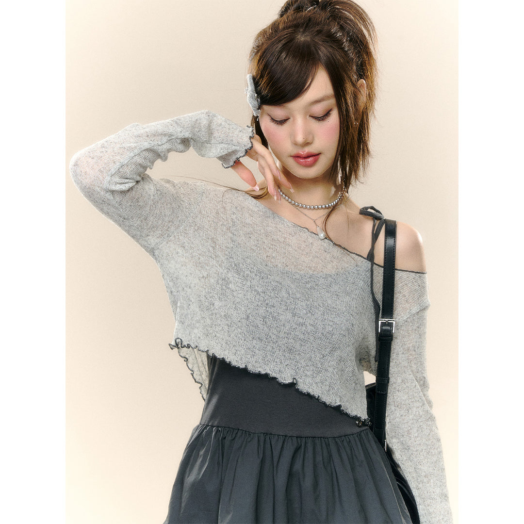 AsGony Irregular Off-Shoulder Knit Top Slip Dress Set Gray