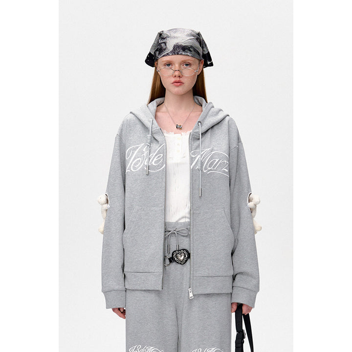 13De Marzo Doozoo Elbow Hollow Out Heart Zip Hoodie Gray