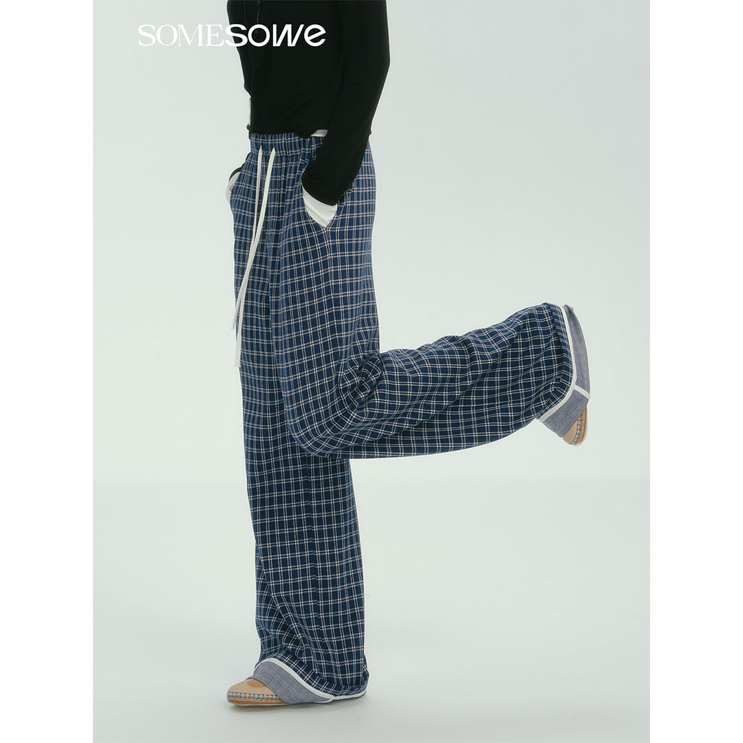 SomeSowe Plaid Drawstring Wide-Leg Pants Blue