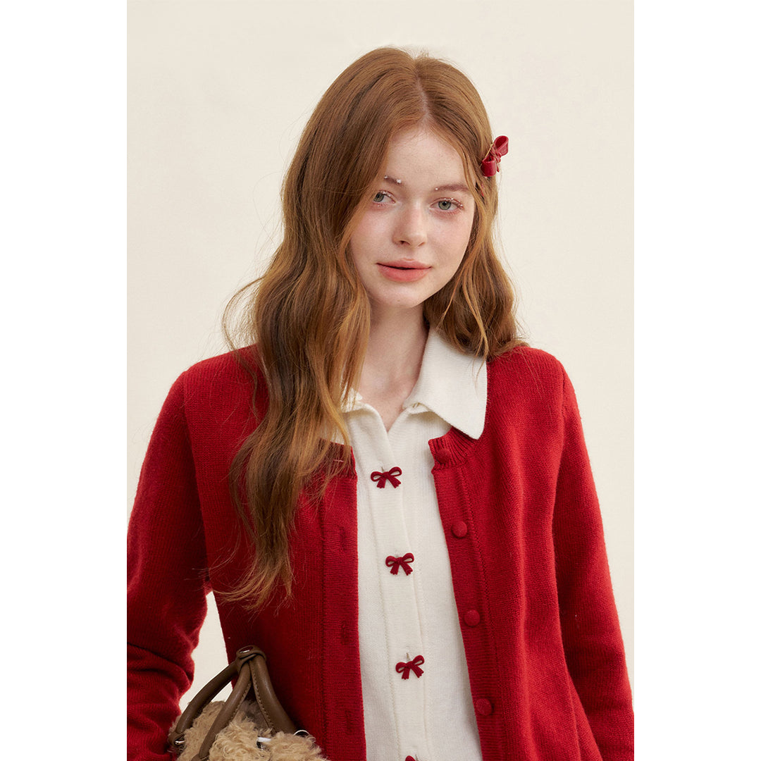 Kroche Color Blocked Fake-3-Piece Bow Woolen Cardigan Red