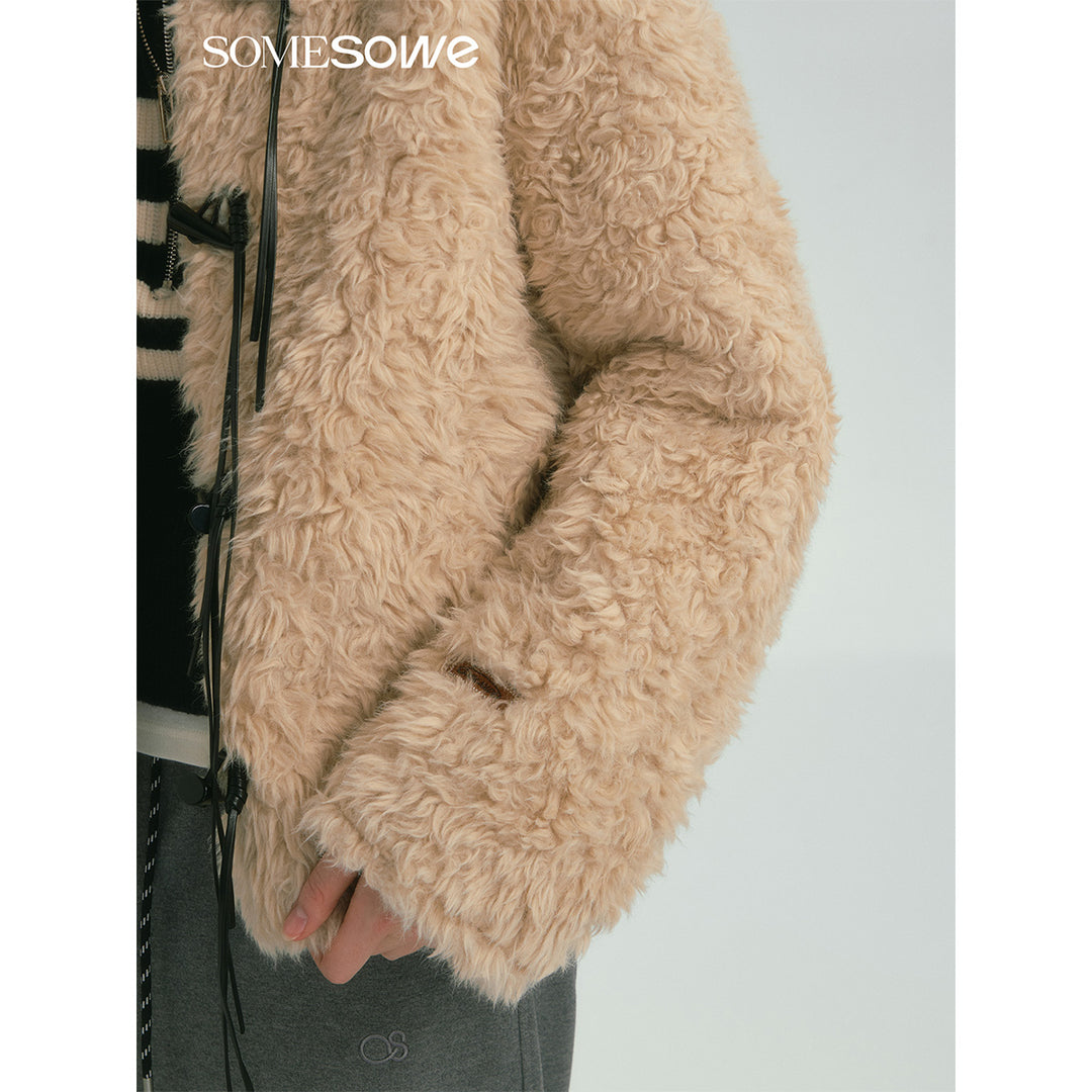 SomeSowe Tassel Horn Button Furry Jacket Beige