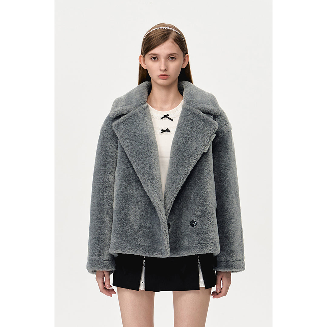 13De Marzo Back Plush Bear Lapel Fuzzy Coat Gray