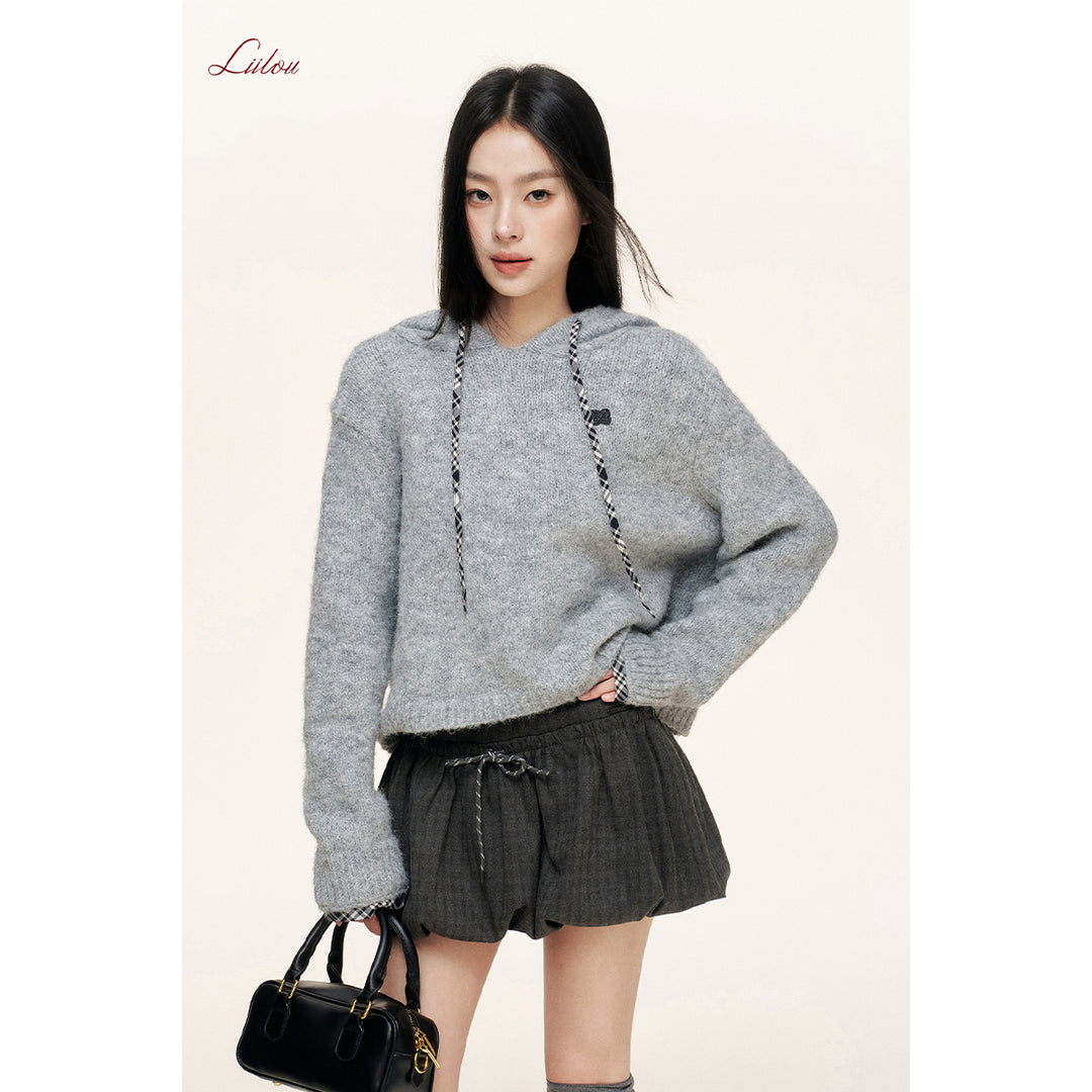 Liilou Lace Up High Waist Tweed Bud Skirt Gray