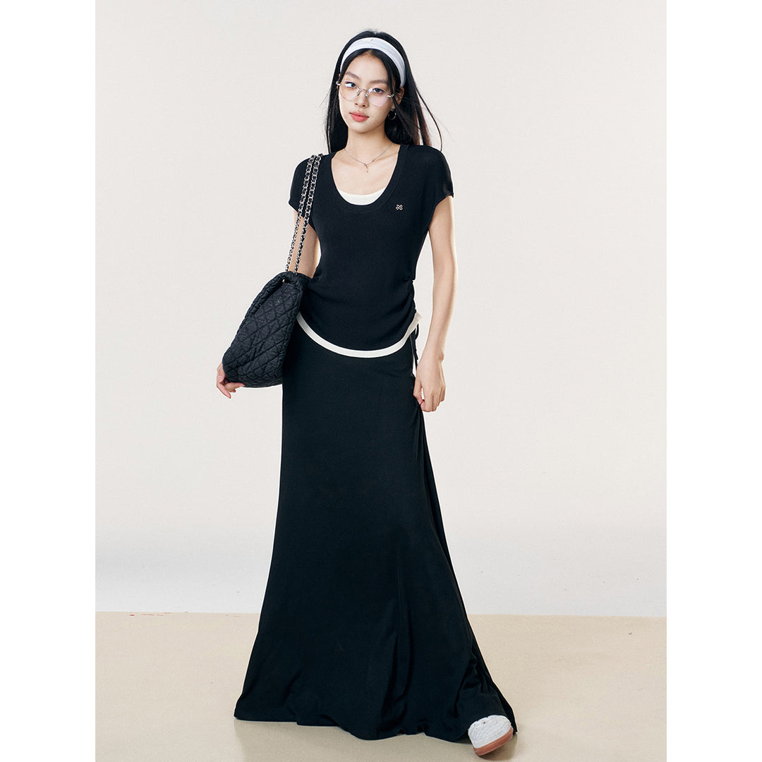 Liilou Draped High Waist A-Line Casual Long Skirt