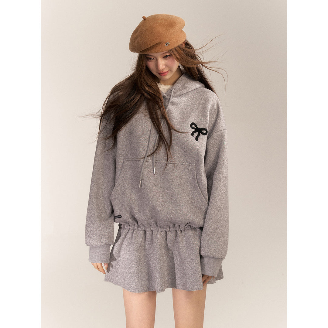 AsGony Bow Tie Hooded Waisting Sweat Dress Gray