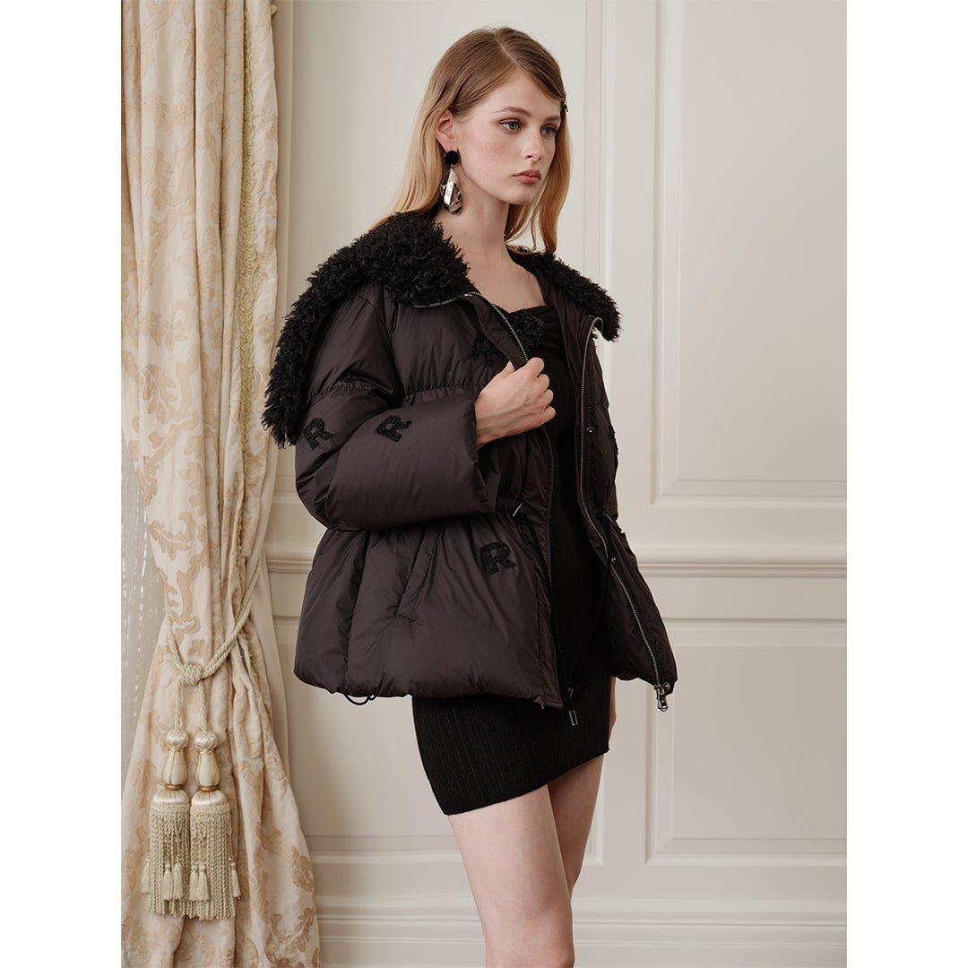 Rocha Roma Fur Collar Patch Down Jacket Black