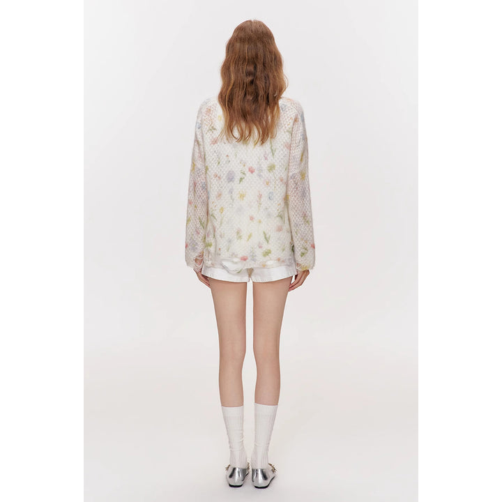 Kroche Hand-Drawn Floral Mohair Destroyed Knit Top