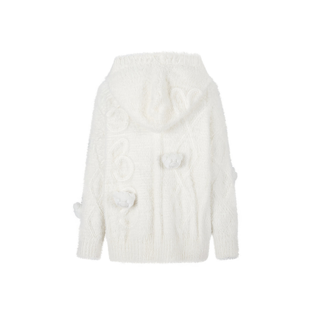 13De Marzo Bear Jacquard Knit Furry Hooded Cardigan White