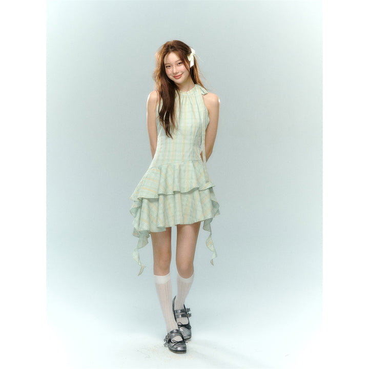 AsGony Bow Tie Ribbon Ruffled Plaid Halter Dress Green