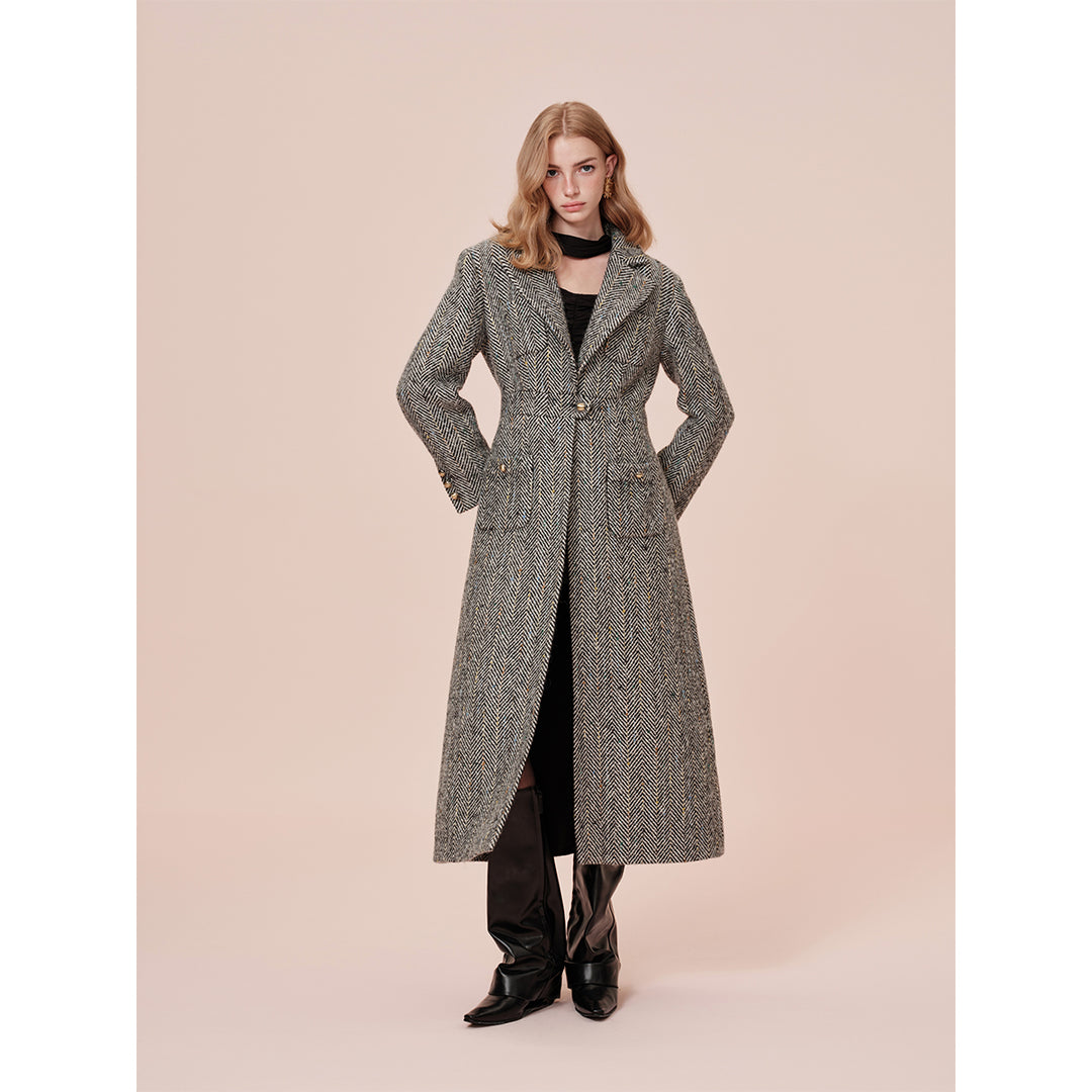 Rocha Roma Colored Dots Plaid Lapel Tweed Long Coat