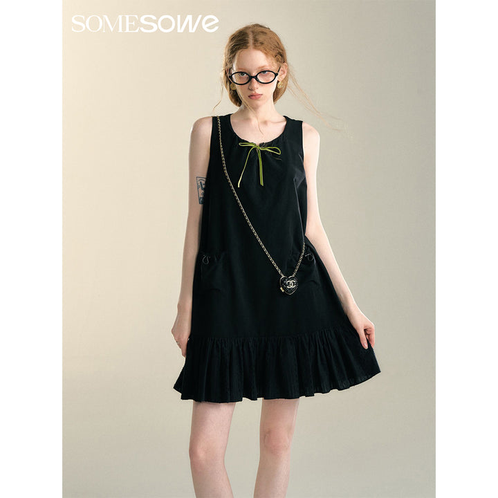 SomeSowe Bow Drawstring Cargo Vest Dress Black