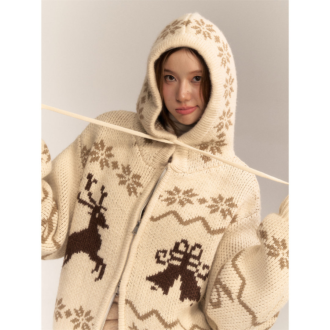 AsGony Fair Isle Moose Jacquard Retro Hooded Knit Cardigan Khaki