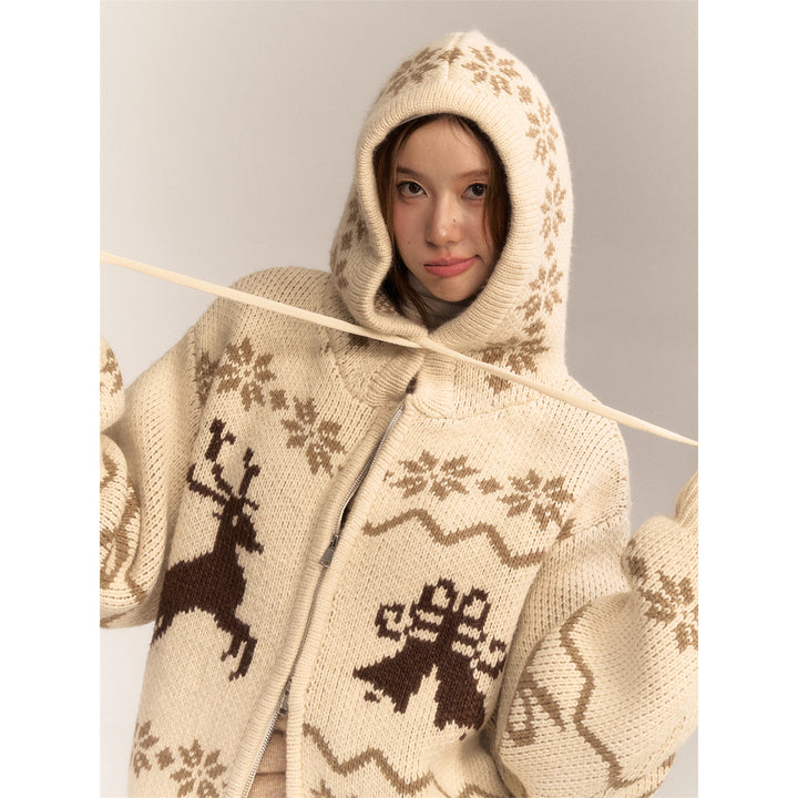 AsGony Fair Isle Moose Jacquard Retro Hooded Knit Cardigan Khaki