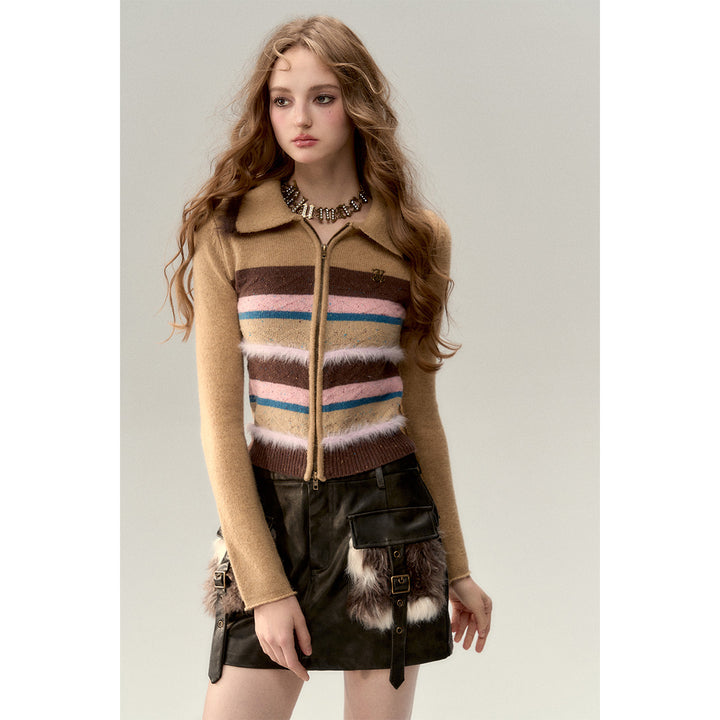 Via Pitti Fluffy Colour Striped Zip Up Woollen Top Camel - Mores Studio