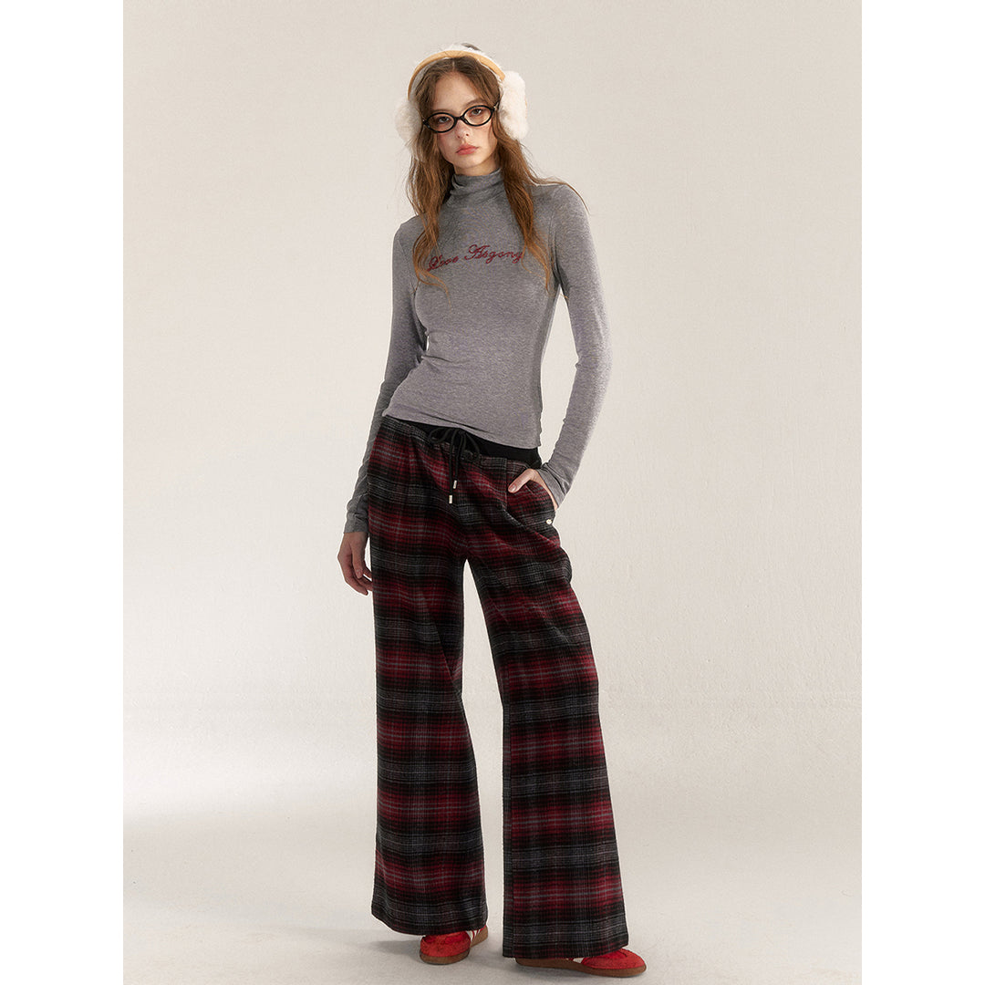 AsGony Retro Plaid Elastic-Waist Wide-Leg Pants