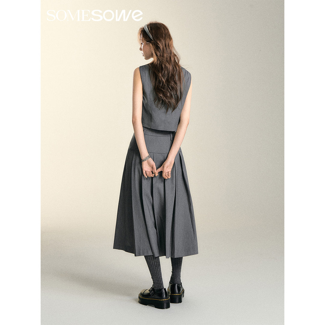 SomeSowe Asymmetrical Pleated Long Skirt Grey