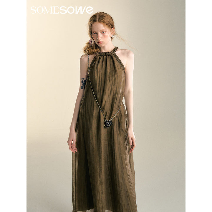 SomeSowe Pleated Texture Halter Dress Brown