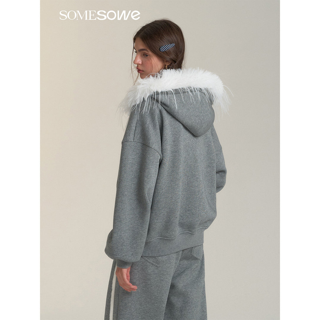 SomeSowe Detachable Fur Collar Hooded Top Jacket Gray