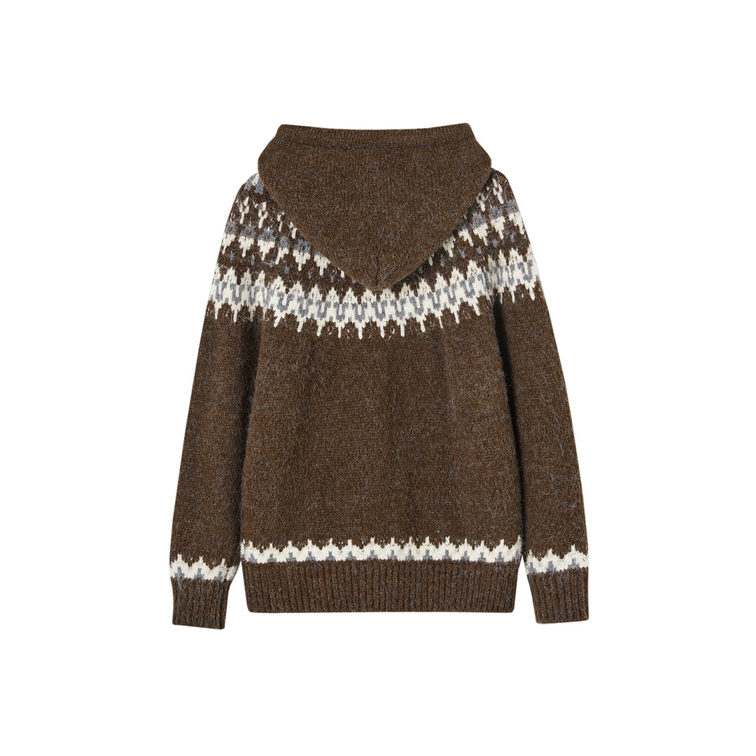 SomeSowe Fair Isle Hooded Knit Cardigan Brown