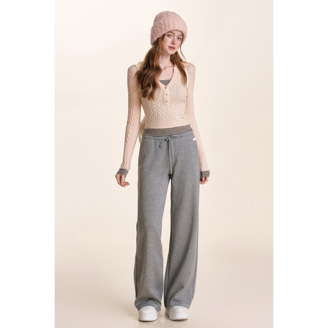 Kroche Drawstring High Waist Wide-Leg Casual Pants Gray