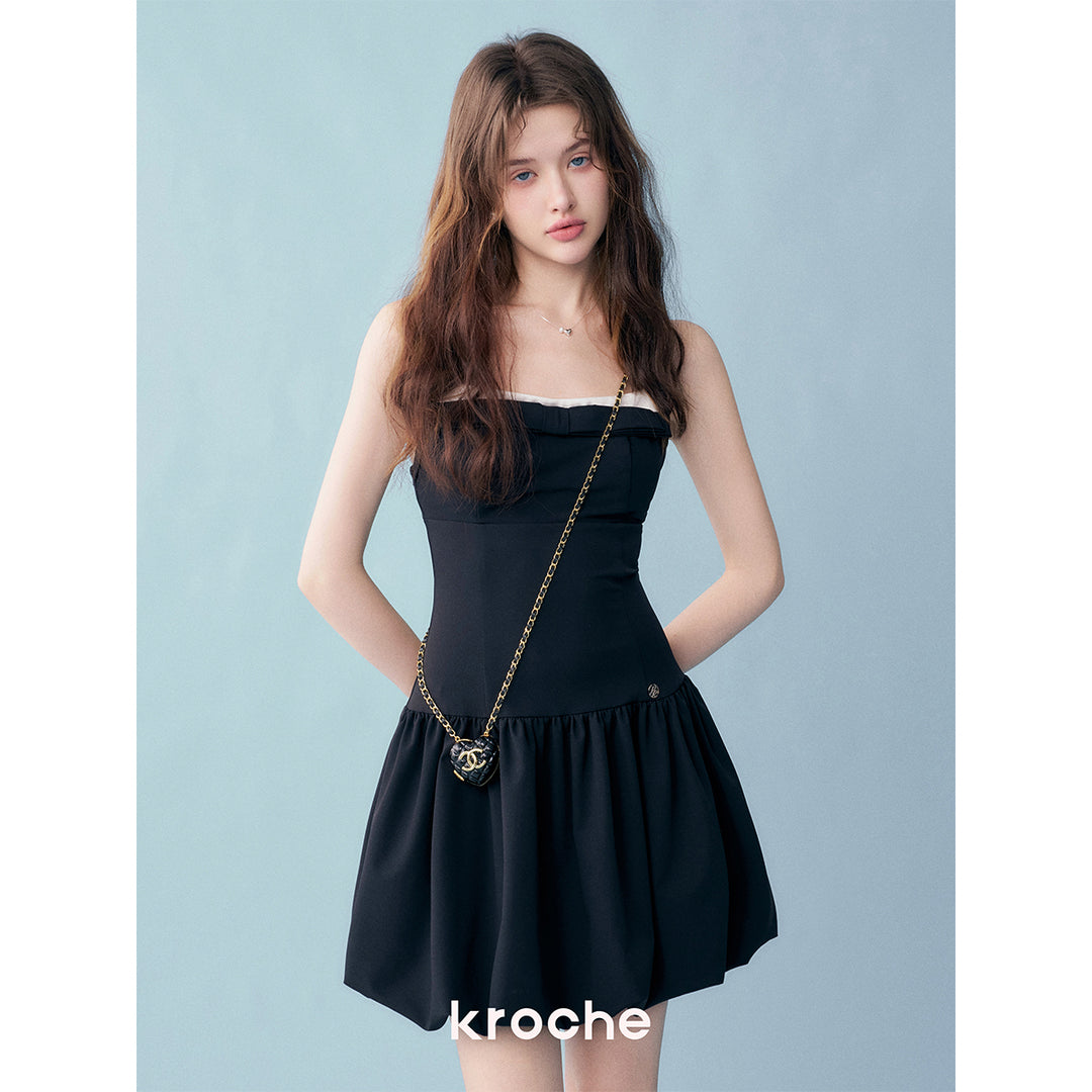 Kroche Color Blocked Bow Patchwork Bud Dress Black