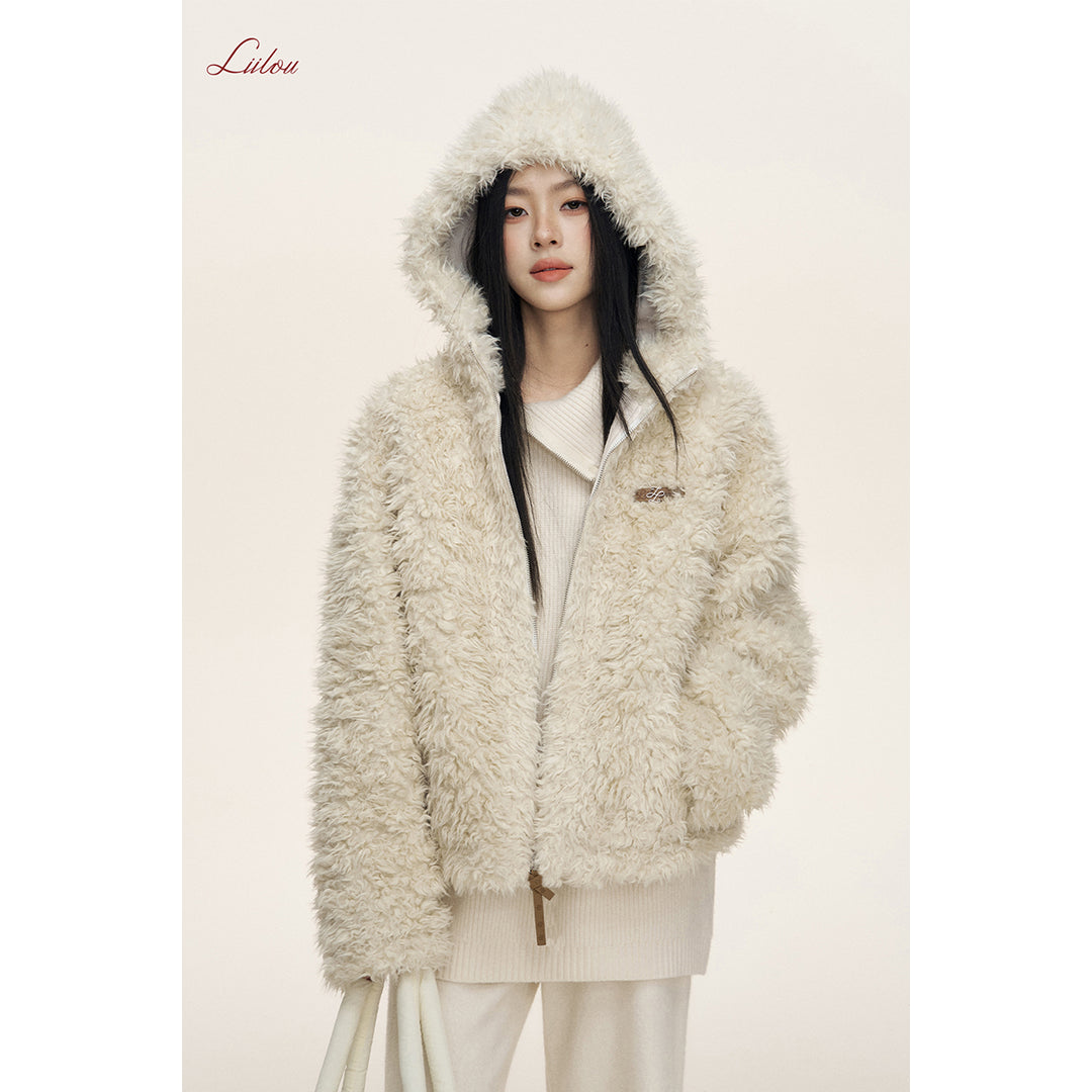 Liilou Fur Integrated Curly-Fur Hooded Woolen Fleece Jacket