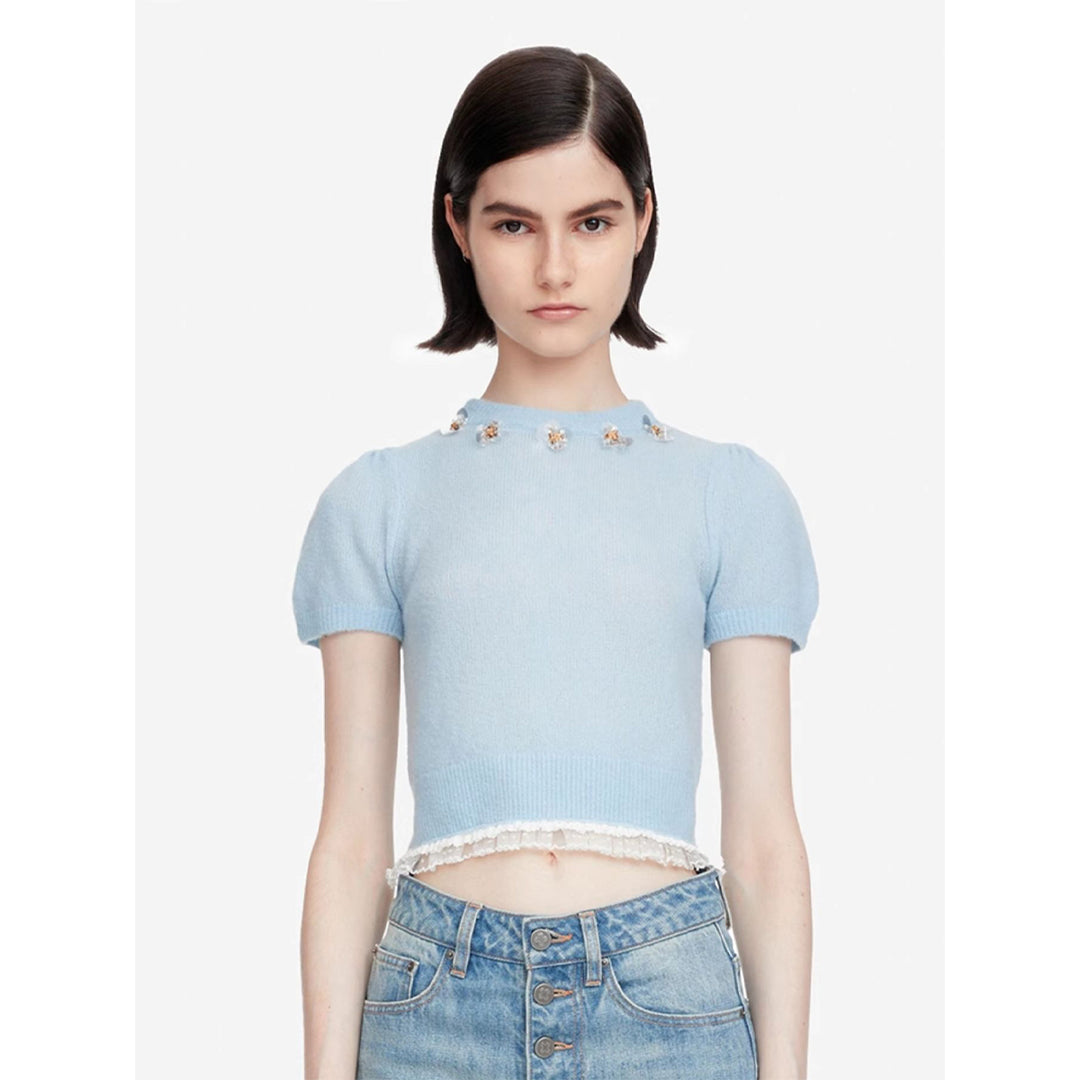 Herlian 3D Flower Trim Short Sleeve Knit Top Blue