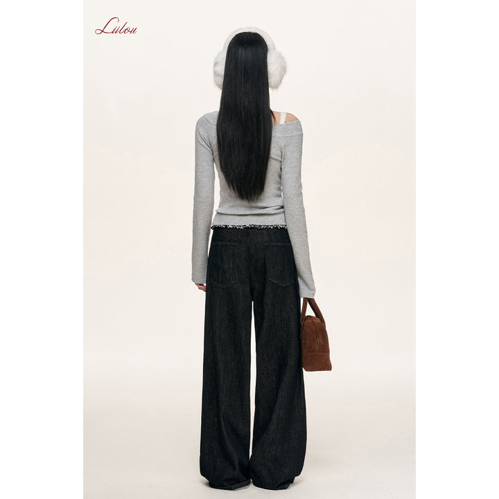 Liilou Plaid Stringy Lace Edge Wide-Leg Fleece-Lined Jeans