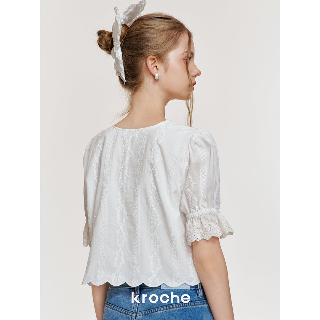 Kroche Lace Bow Lace Up Shirt Top White