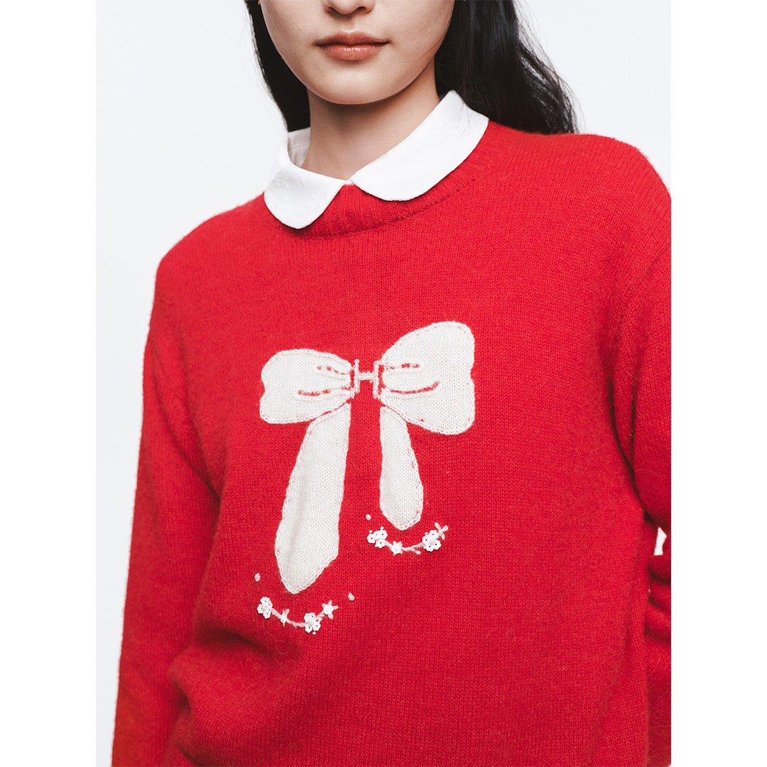 Herlian Contrast Color Bow Knitted Sweater Red