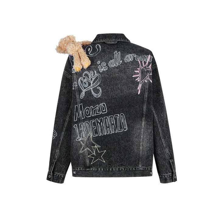 13De Marzo Full Graffiti Retro Washed Denim Jacket Black