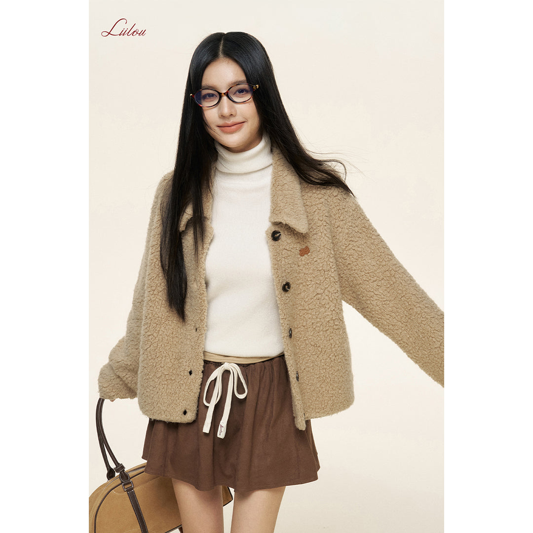 Liilou Loop Woolen Lapel Fleece Cardigan Khaki