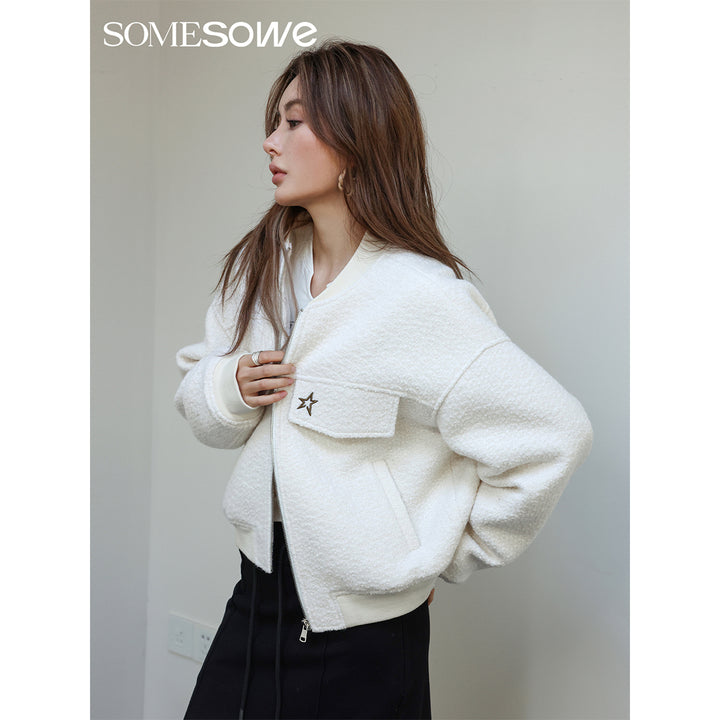 SomeSowe Star Embroidery Loop Woolen Jacket White - Mores Studio