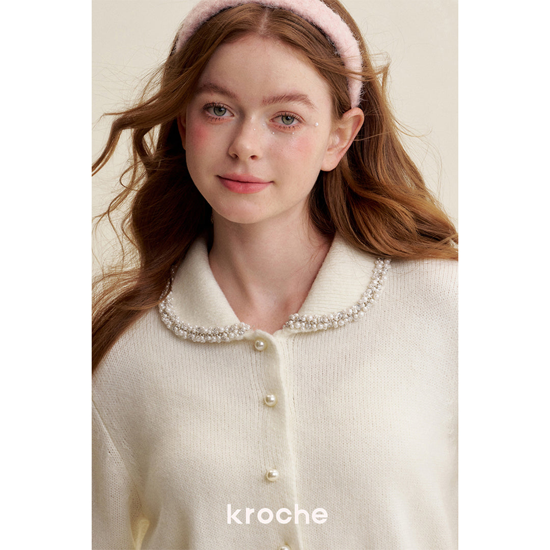 Kroche ﻿Pearl Button Doll Collar Knit Cardigan White