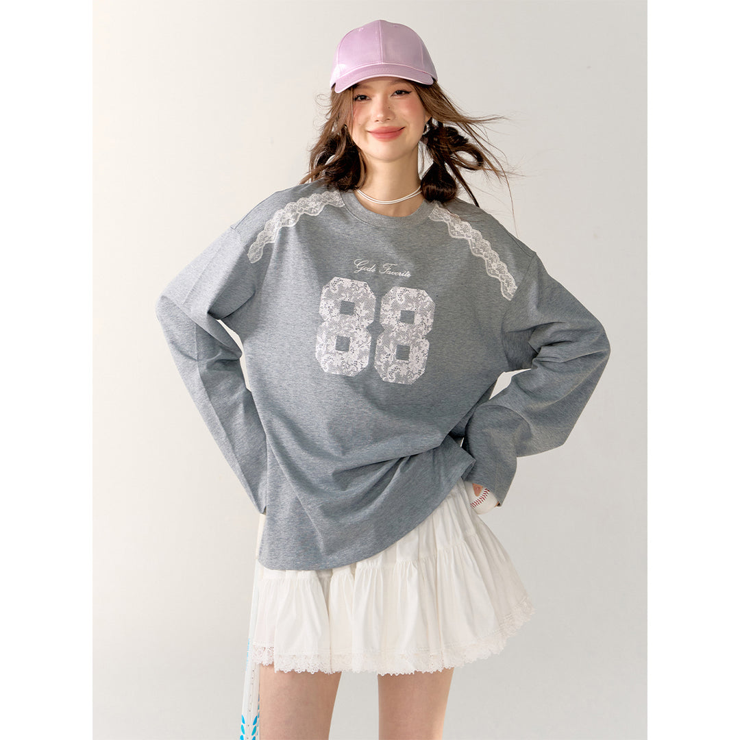 AsGony Retro Lace Patchwork L/S T-Shirt Gray