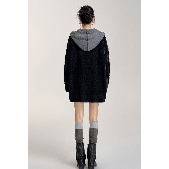 MacyMccoy Fake-2-Piece Hooded Silhouette Knit Cardigan Black