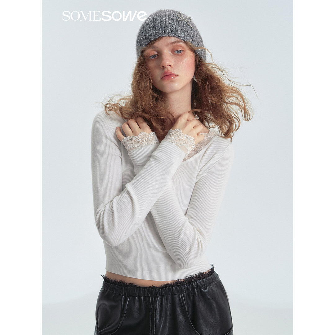 SomeSowe Lace Patchwork Basic Top White