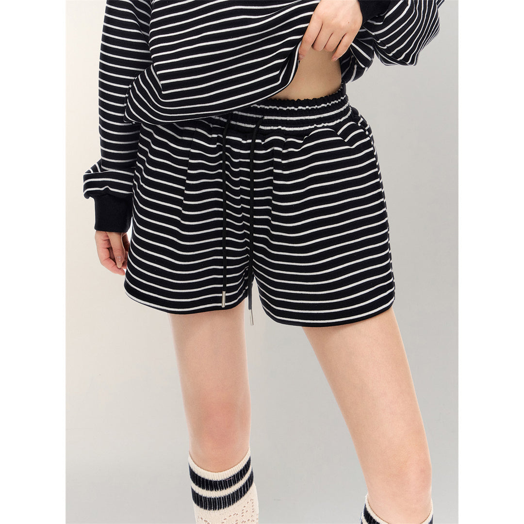 AsGony Striped Drawstring Casual Shorts Black