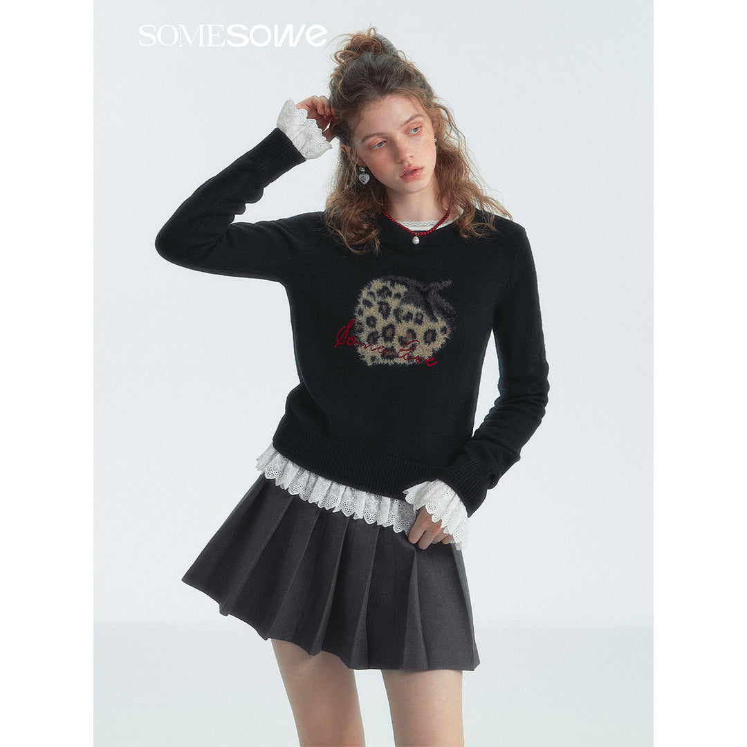 SomeSowe Leopard Strawberry Knit Sweater Black