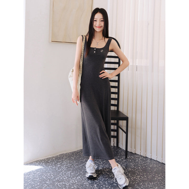Liilou Classic Square Neck Slim Long Dress Grey - Mores Studio