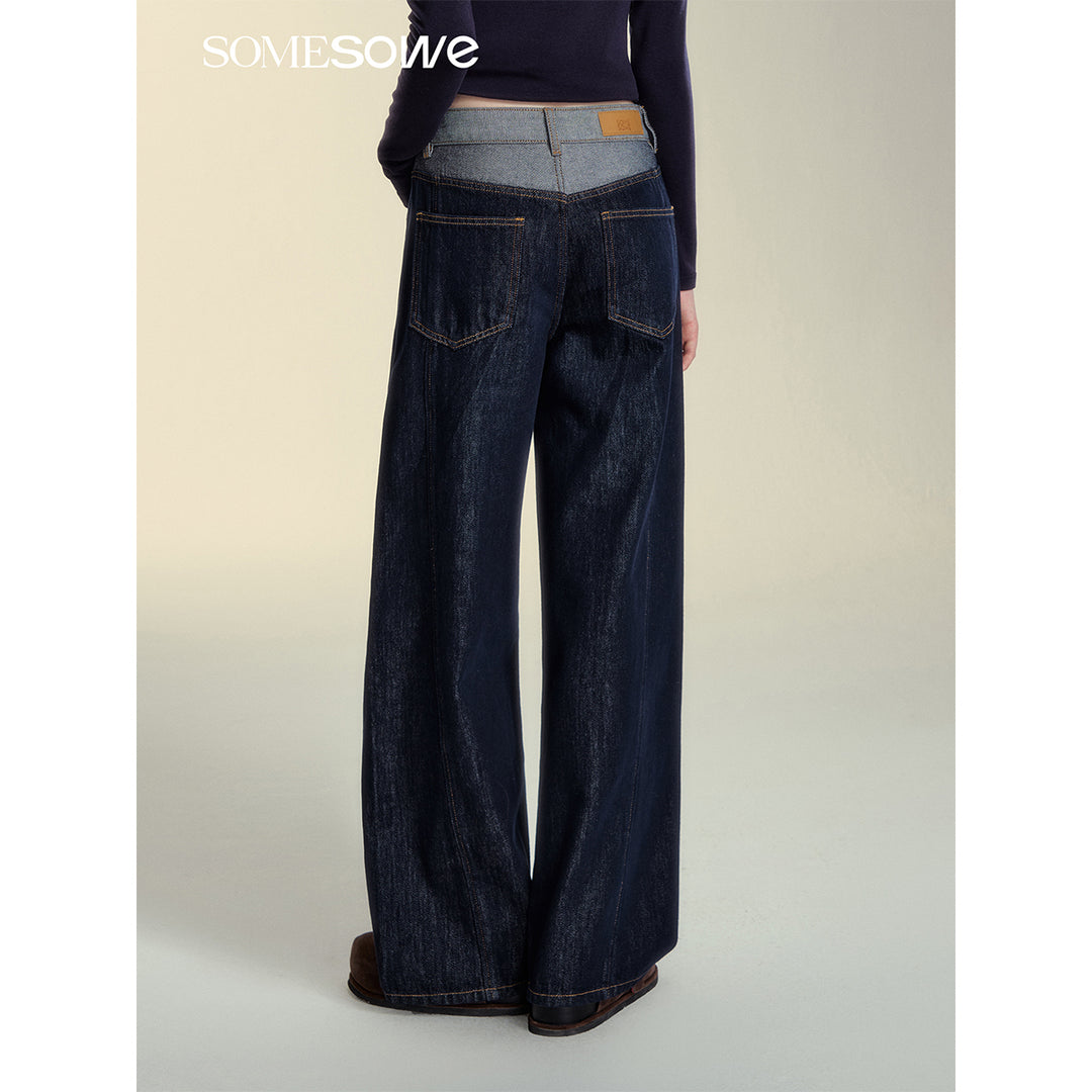 SomeSowe Color Blocked Casual Denim Pants Dark Blue