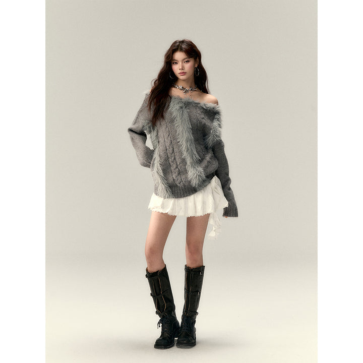 Via Pitti Off Shoulder Fur Integrated Knit Sweater Gray