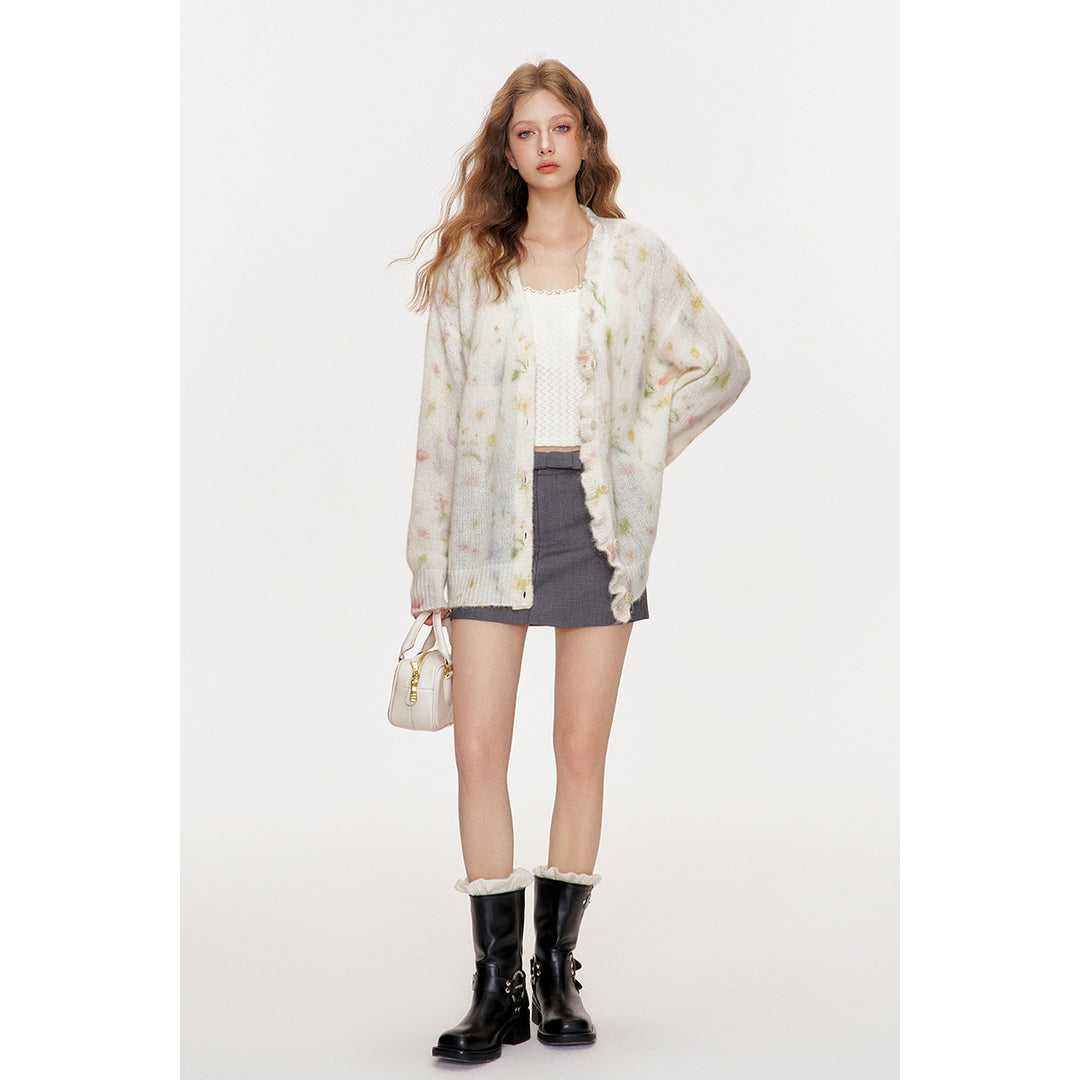 Kroche Mohair Floral Knitted V-Neck Woolen Cardigan