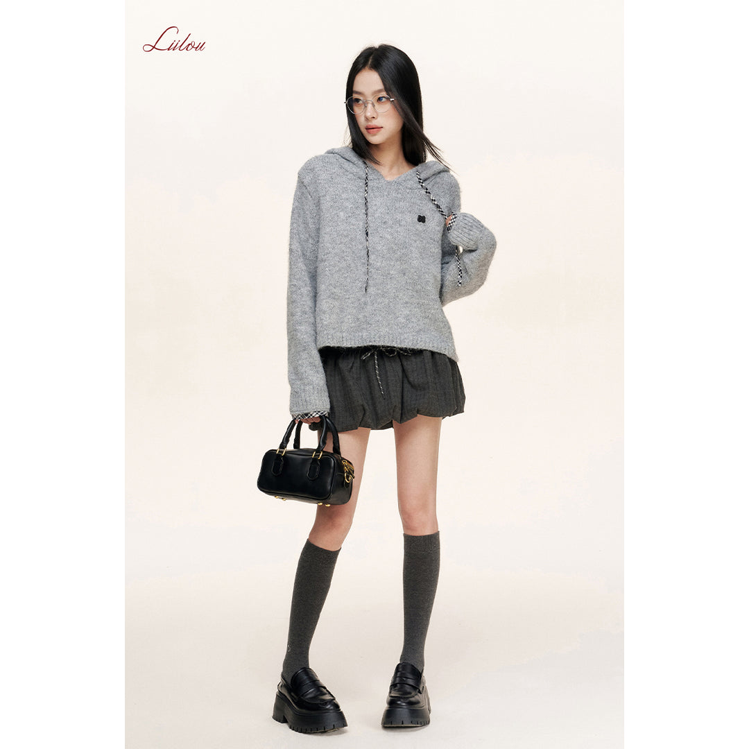 Liilou Plaid Drawstring Hooded Casual Knit Sweater