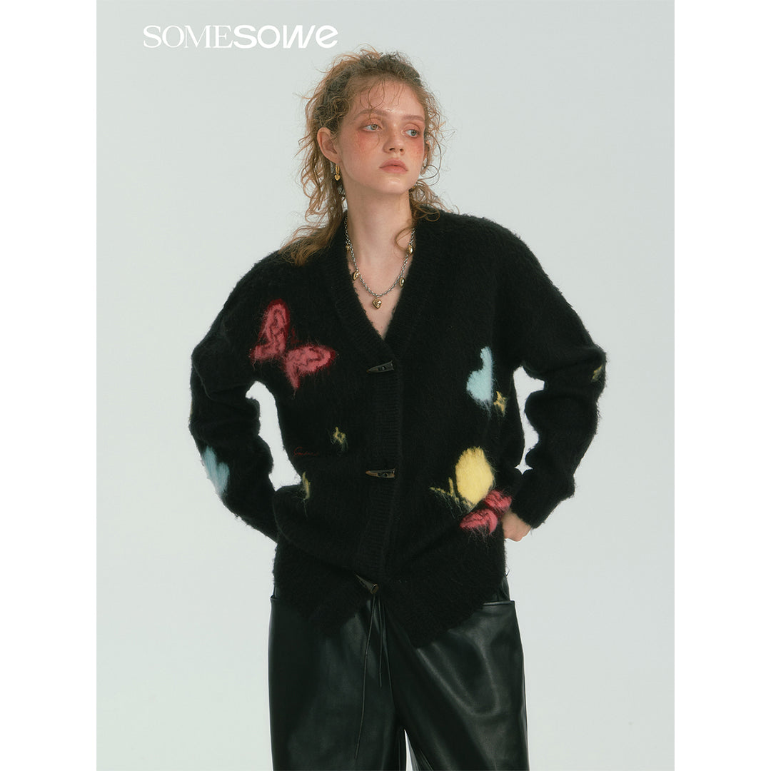 SomeSowe Butterfly Pulled Fur Knit Cardigan Black