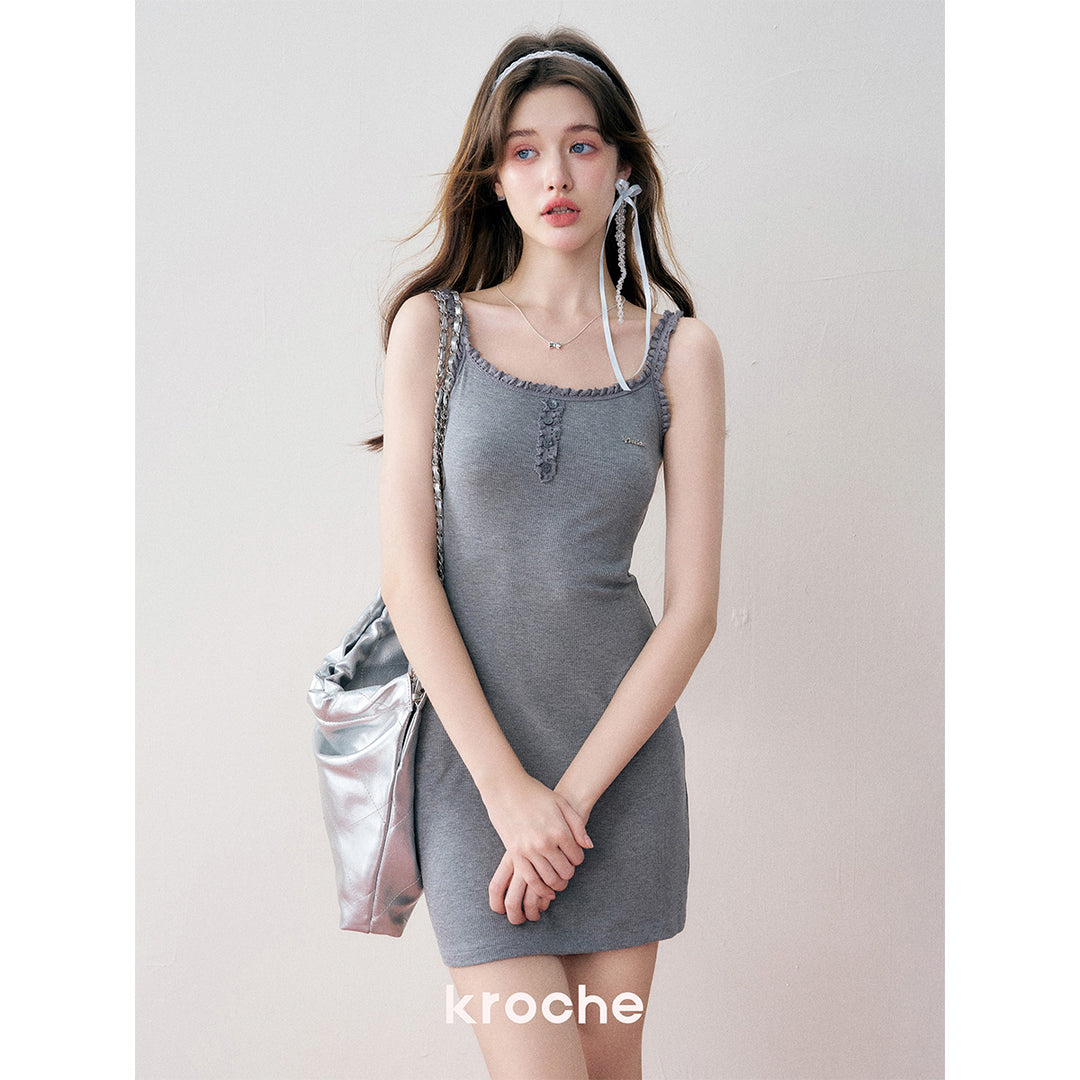 Kroche Lace Knit Sling Short Dress Gray