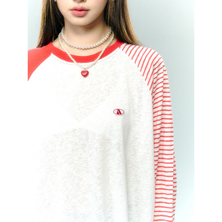 AsGony Contrast Color Striped Raglan L/S T-Shirt Red