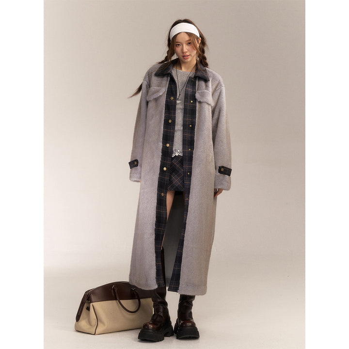 AsGony Plaid Patchwork Faux Fur Fuzzy Long Coat Gray