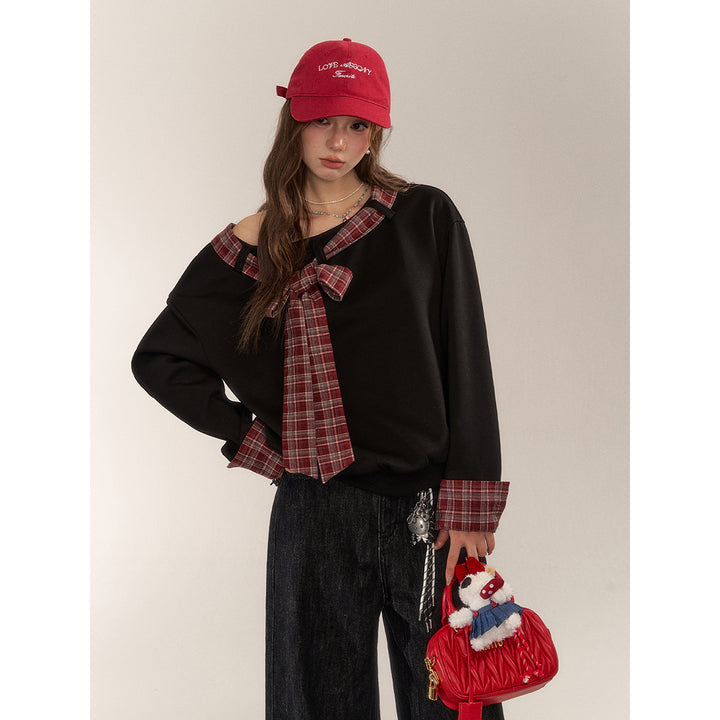 AsGony Plaid Patchwork Bow Tie Fleece-Lined Sweater