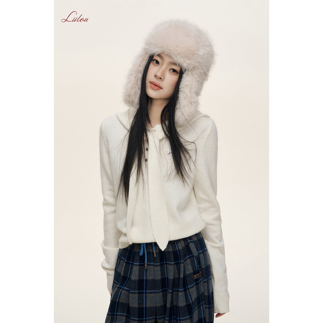 Liilou Shawl Hooded Woolen Knit Sweater White